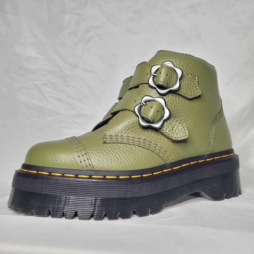 Dr. Martens Devon Flower leather platform boots in Khaki Green
